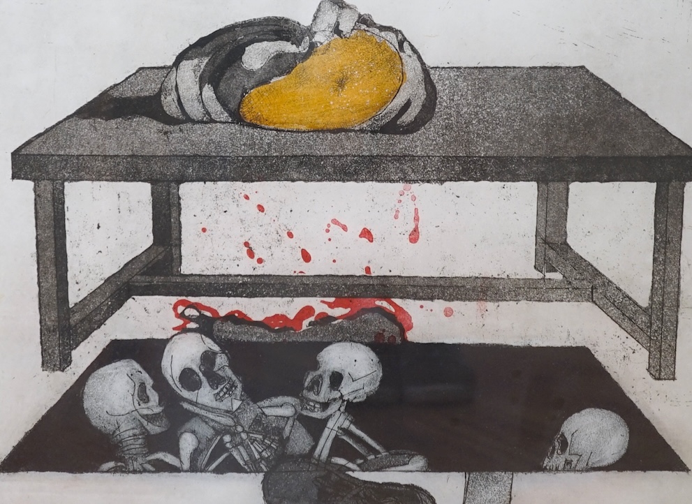 From the Studio of Fred Cuming. Michael Farrell (1940-2000), limited colour etching 5/25, ‘Wounded Wonder’, signed in pencil, 34 x 44cm. Condition - fair